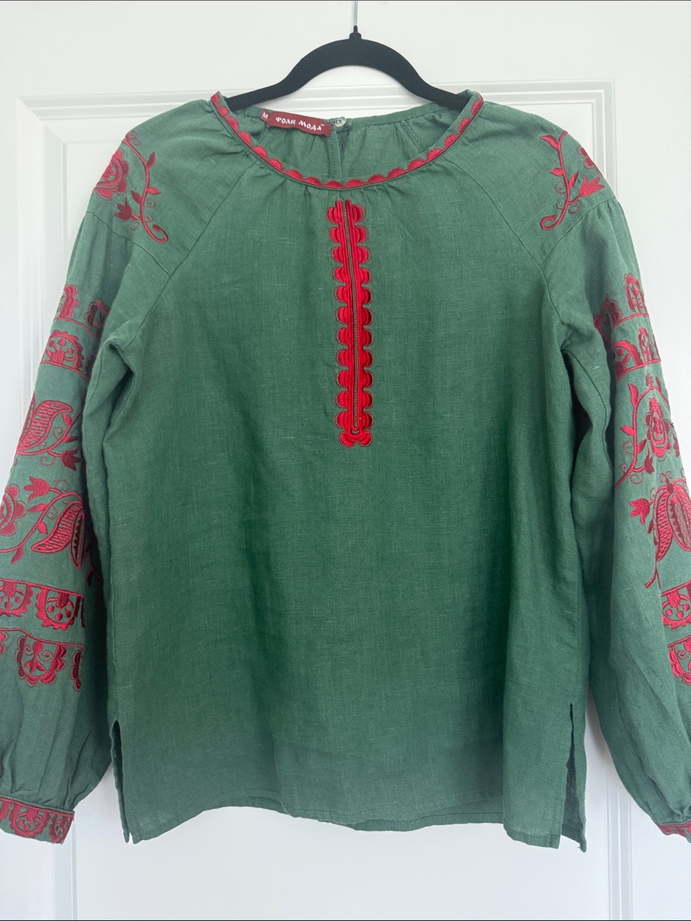 Green linen Embroidered Peasant Blouse with Red Trim